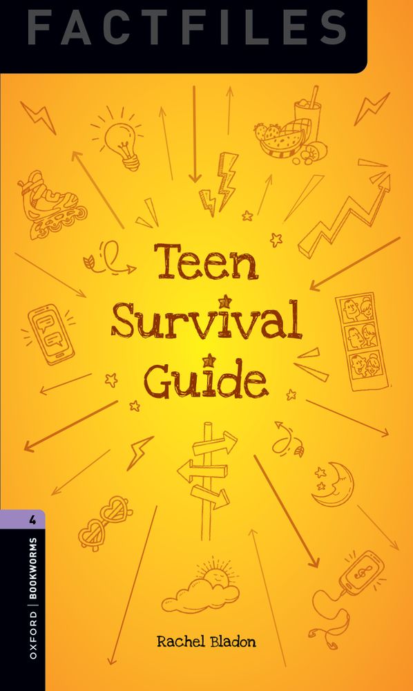 Portada del libro Teen Survival Guide de la colección Oxford Bookworms Library Factfiles. Fondo amarill con iconos que hacen refereencia a la guía de supervivencia.