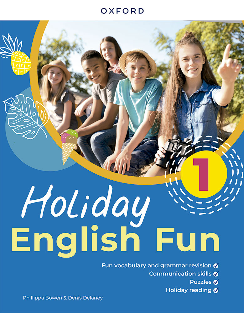 Portada del libro Holiday English Fun 1 de Oxford University Press en rosado con adolescentes sonrientes mirando a cámara al aire libre