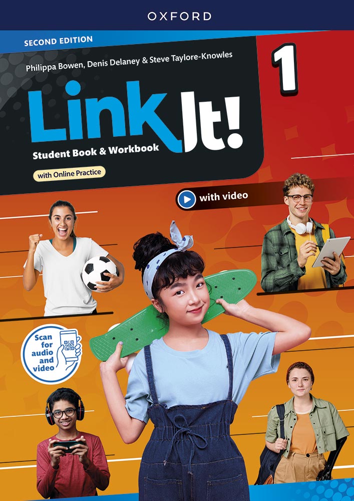 Portada del libro Link it! Second Edition Student Book and Workbook nivel 1 de Oxford University Press para Secundaria, Alumnos sobre un fondo de color y logotipo de Link it!